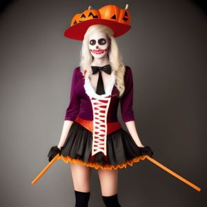 A young woman wearing a fancy dress costume for Halloween