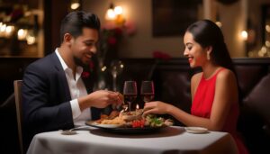 A young attractive couple enjoying a romantic dinner