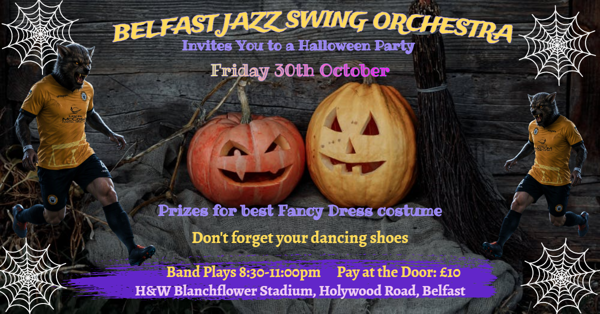St. Patrick's Day 2026 - Event Facebook Event Poster advertising the Belfast Jazz Swing Orchestra's Saint Patrick's Day Dance at the Blanchflower Stadium